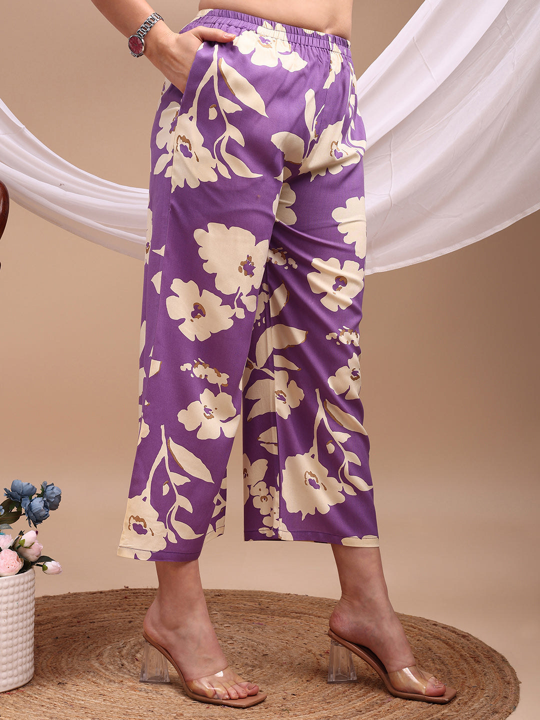 Lavender Floral Printed Rayon Kurta with Palazzo Pant Set