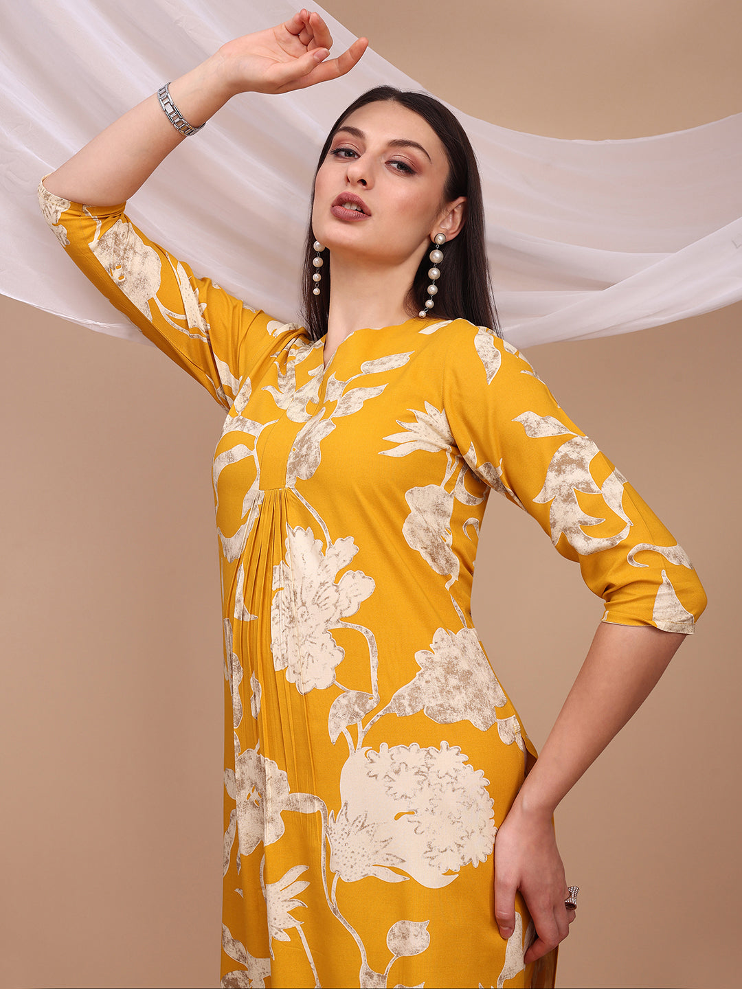 Yellow Floral Printed Rayon Kurta with Palazzo Pants Set