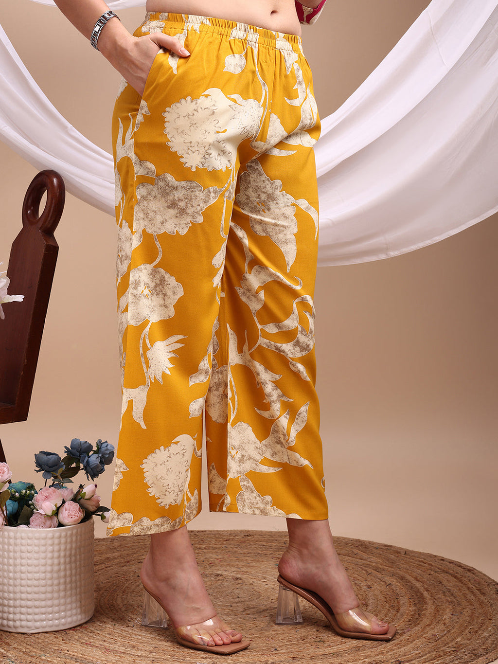 Yellow Floral Printed Rayon Kurta with Palazzo Pants Set