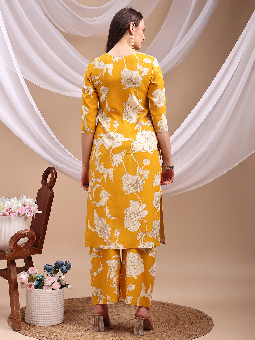 Yellow Floral Printed Rayon Kurta with Palazzo Pants Set