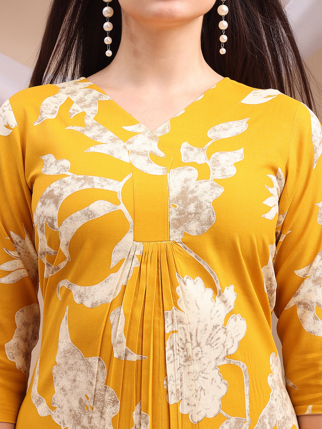 Yellow Floral Printed Rayon Kurta with Palazzo Pants Set