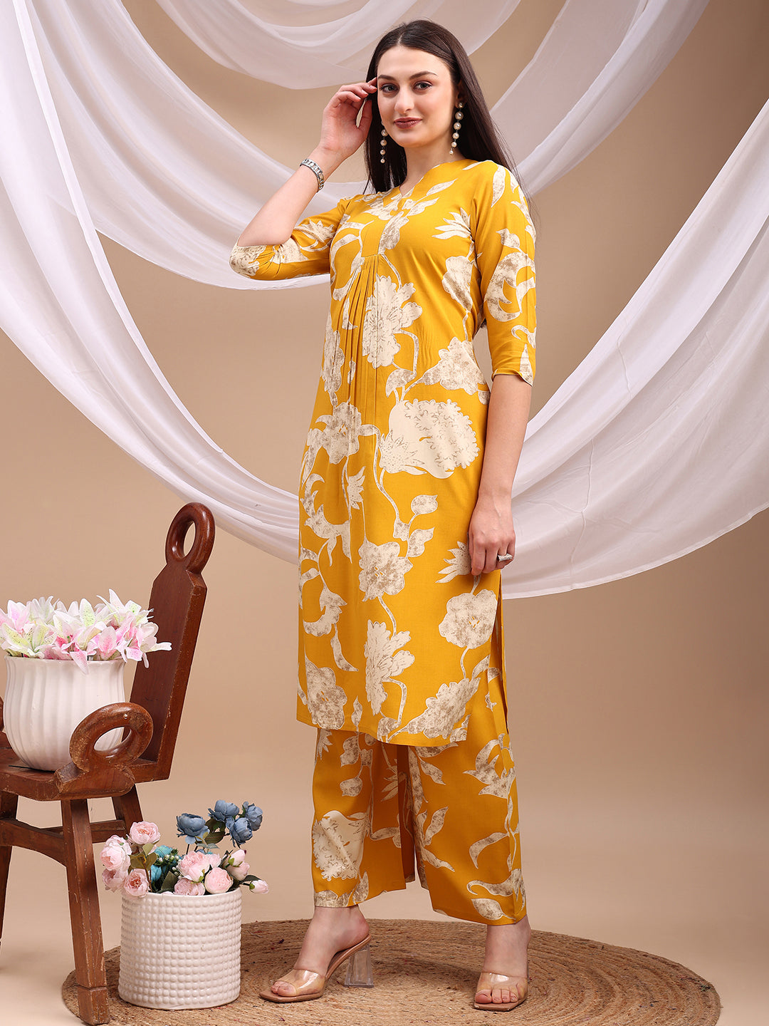 Yellow Floral Printed Rayon Kurta with Palazzo Pants Set