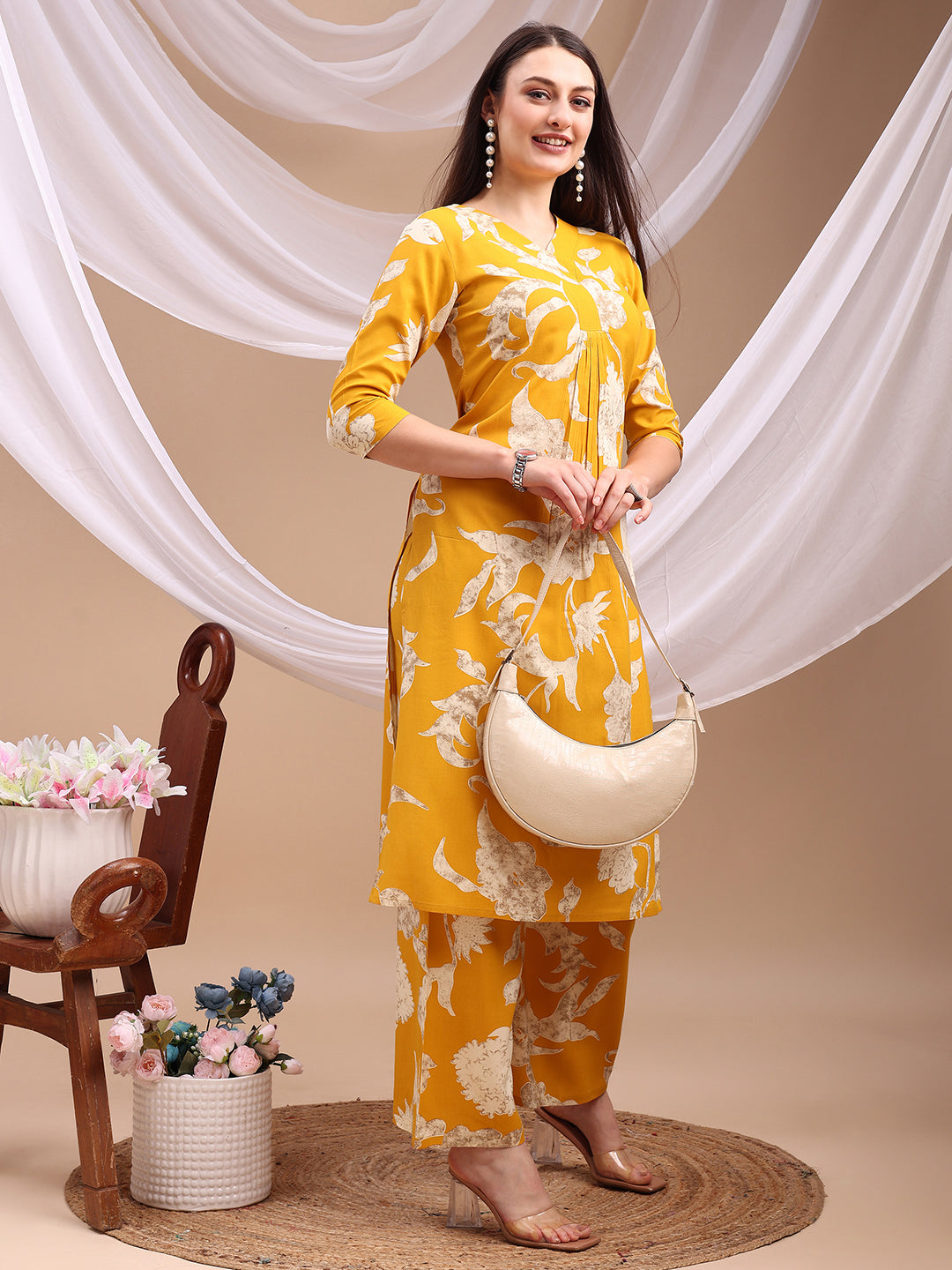 Yellow Floral Printed Rayon Kurta with Palazzo Pants Set