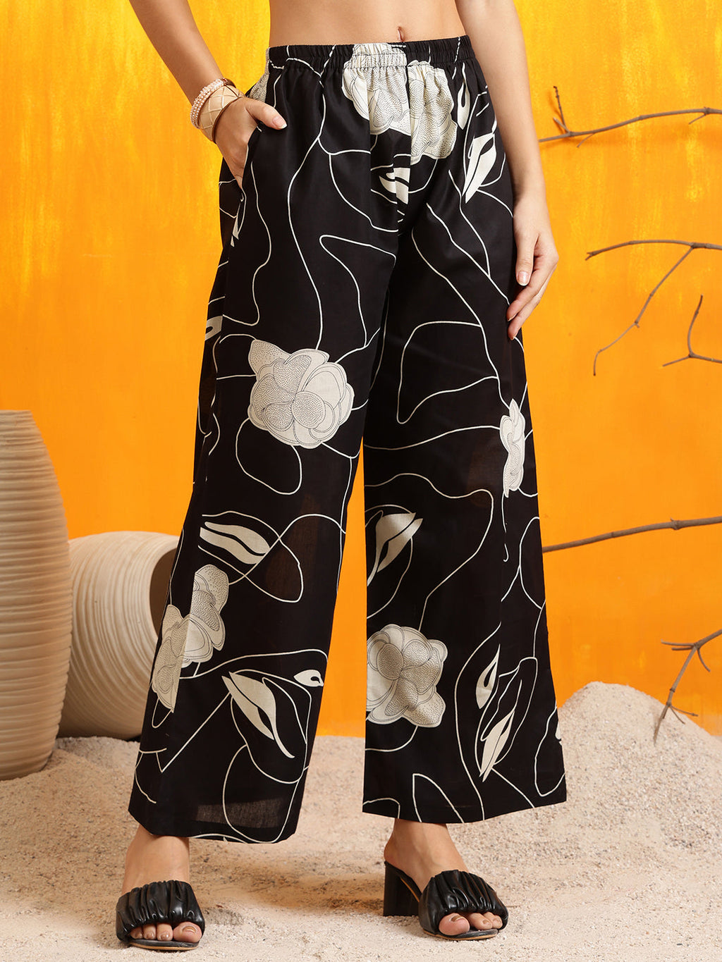 Black Printed Cotton Kurta with Palazzo Pants Set