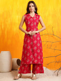 Pink ethnic motifs printed kurta paired with a matching palazzo set in silk-blend fabric