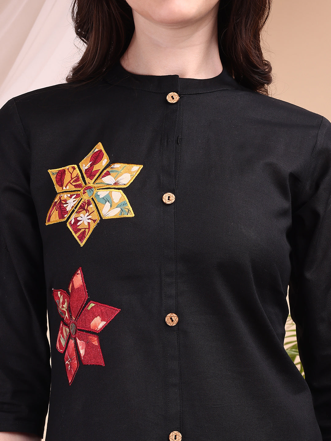 Black Floral Print Front Button Kurta With Pant Set