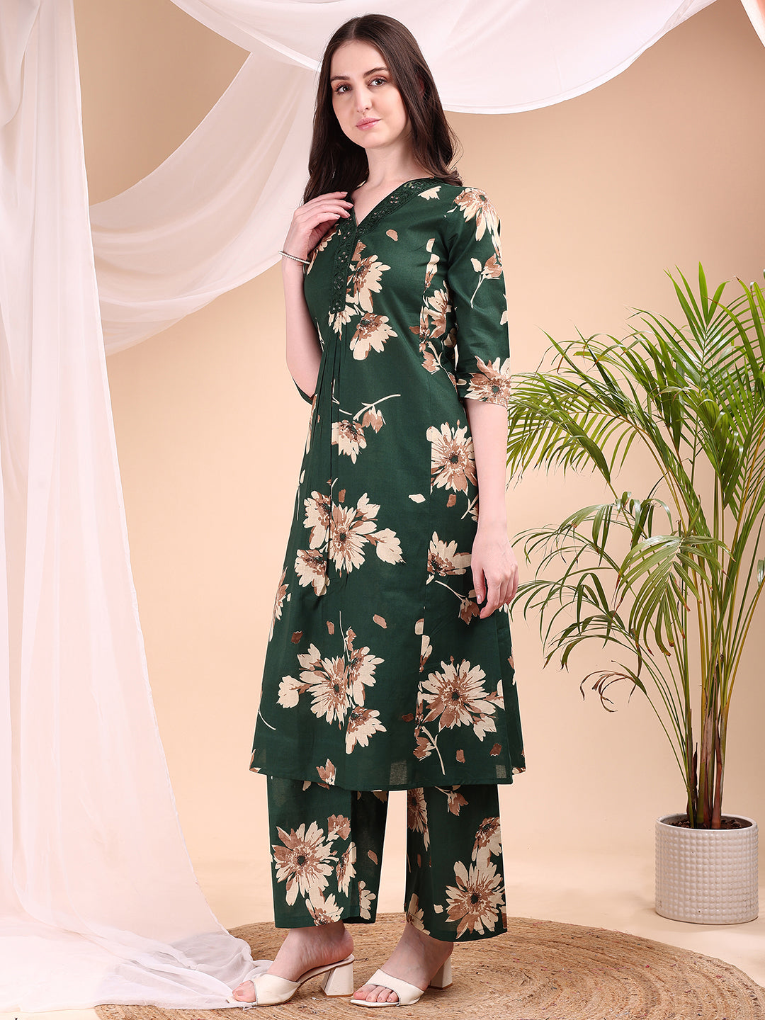 Embroidered and Printed Green Kurta Set with Palazzo