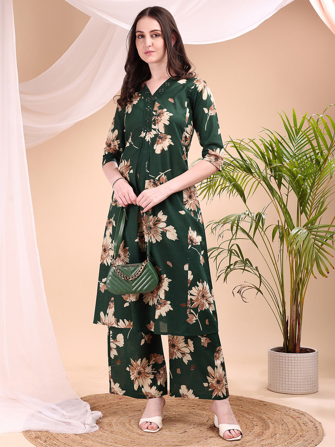 Embroidered and Printed Green Kurta Set with Palazzo
