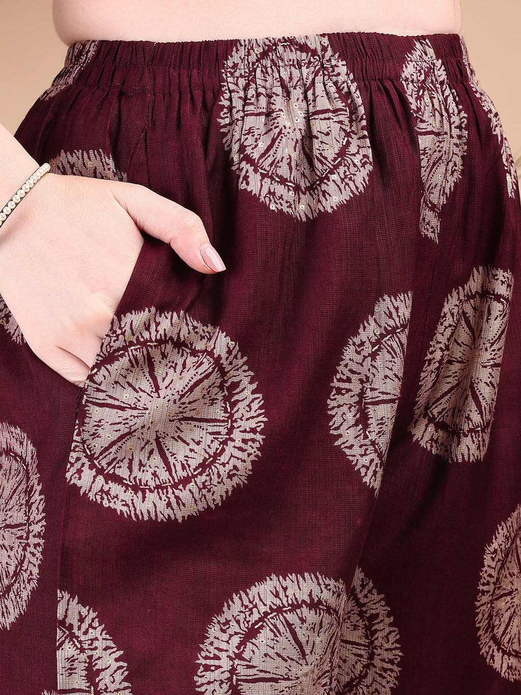 Wine Ethnic Motif Printed Kurta and Palazzo Set in Silk-Blend