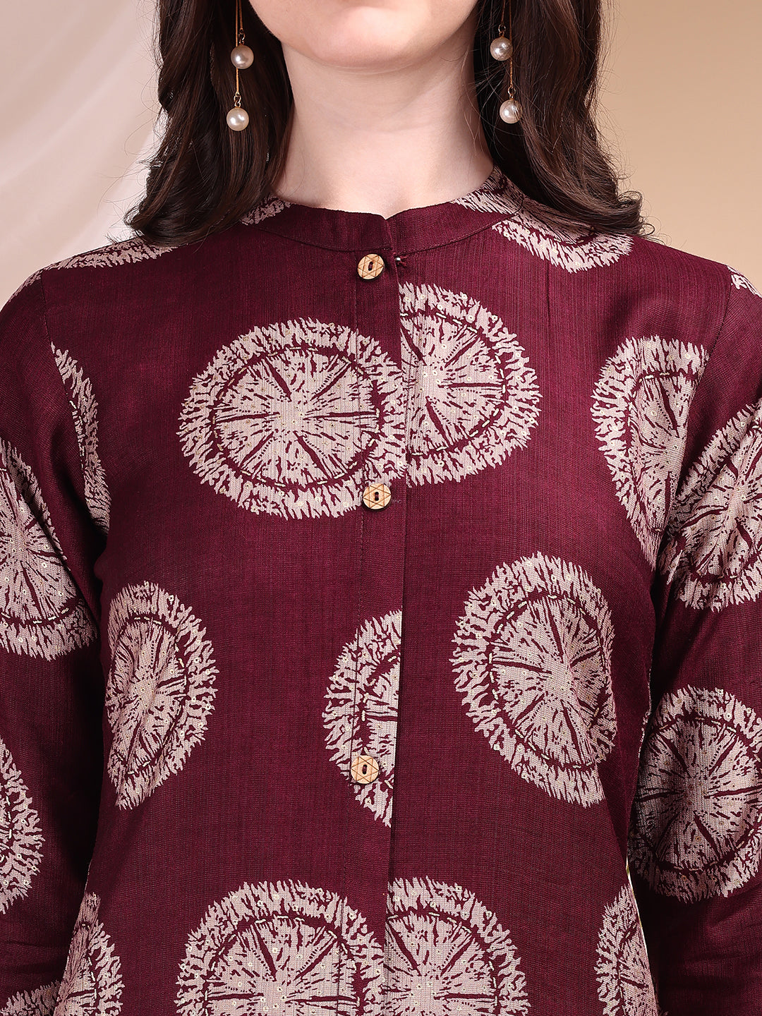 Wine Ethnic Motif Printed Kurta and Palazzo Set in Silk-Blend