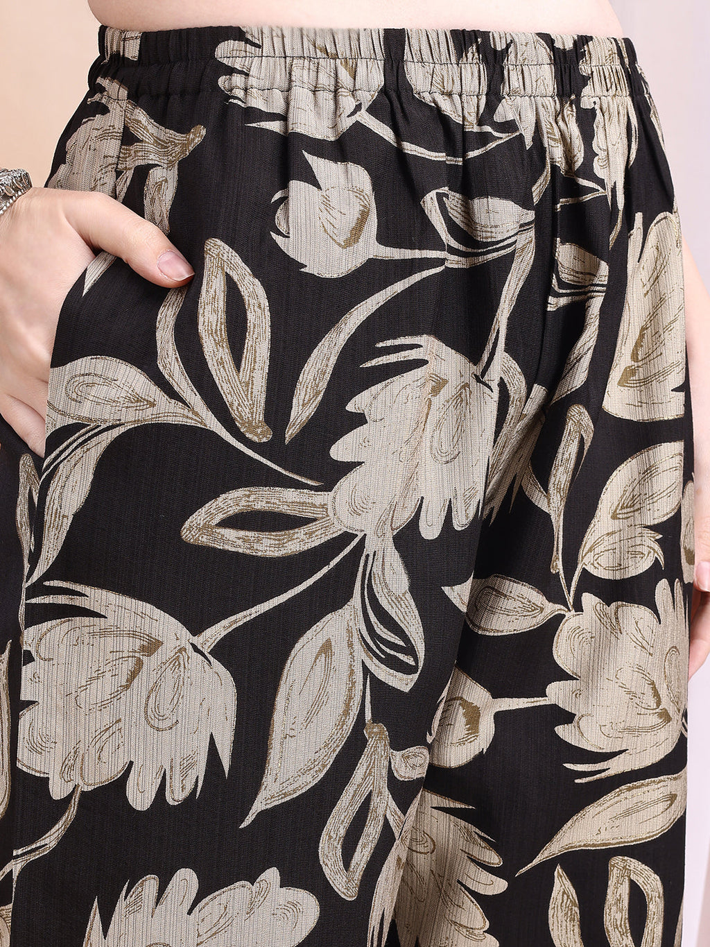 Printed Black Silk-Blend Kurta and Palazzo Set