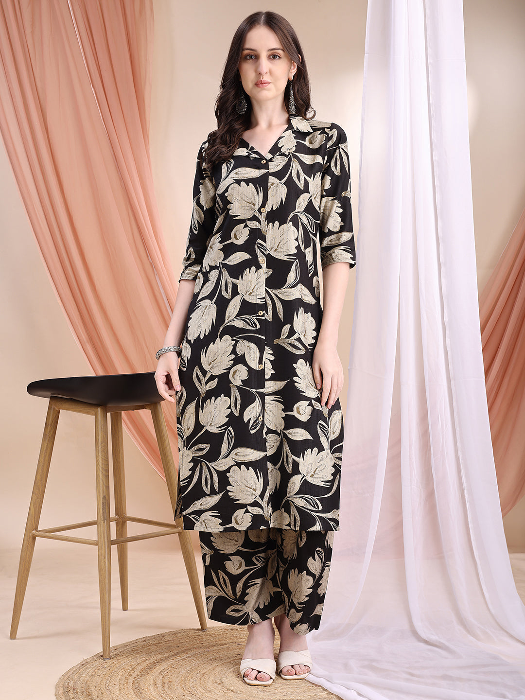 Black silk-blend kurta and palazzo set with coordinated print