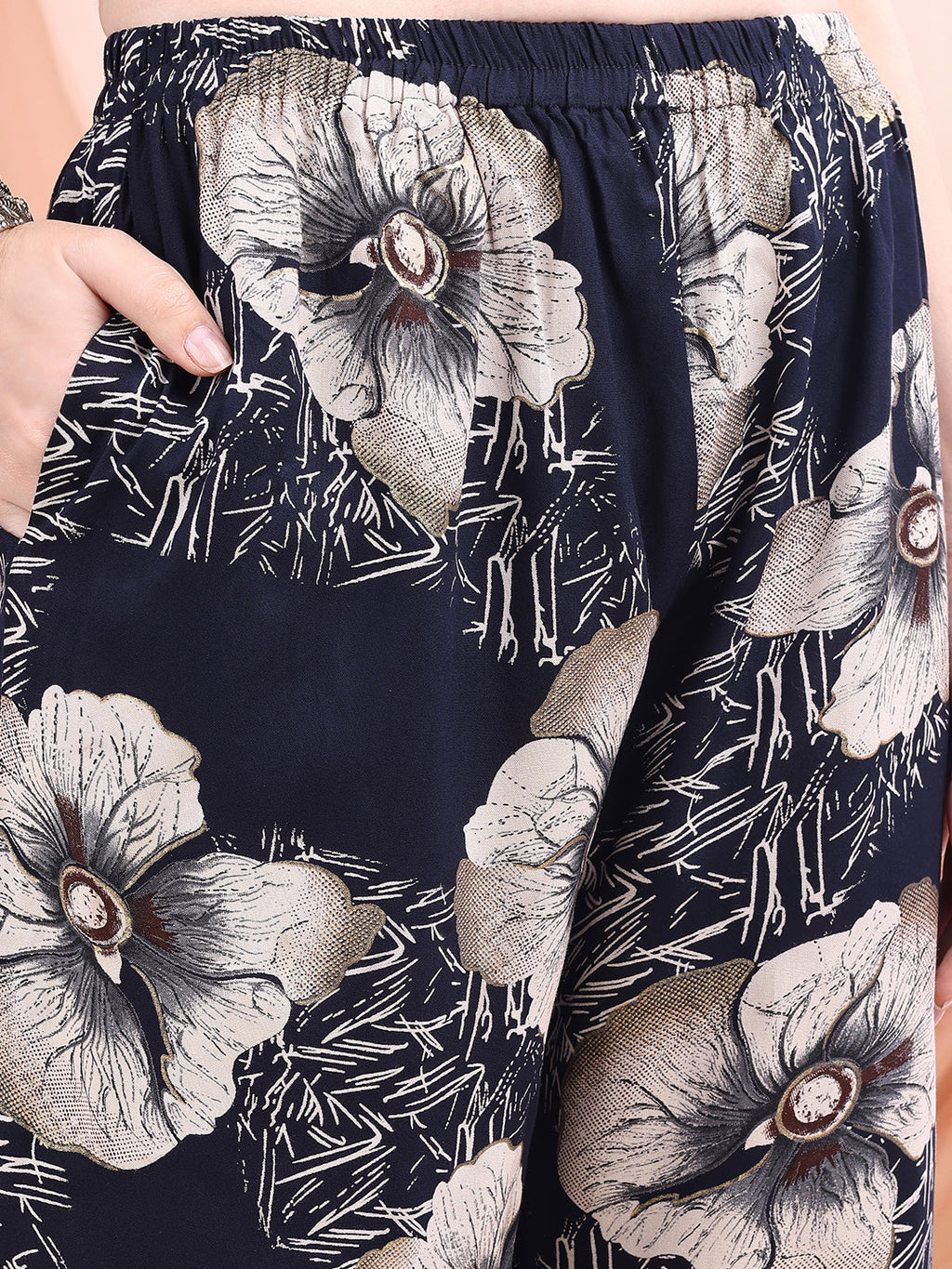 Navy Blue Floral Printed Rayon Kurta with Palazzo Set