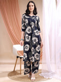 Navy blue floral print rayon kurta paired with matching palazzo pants