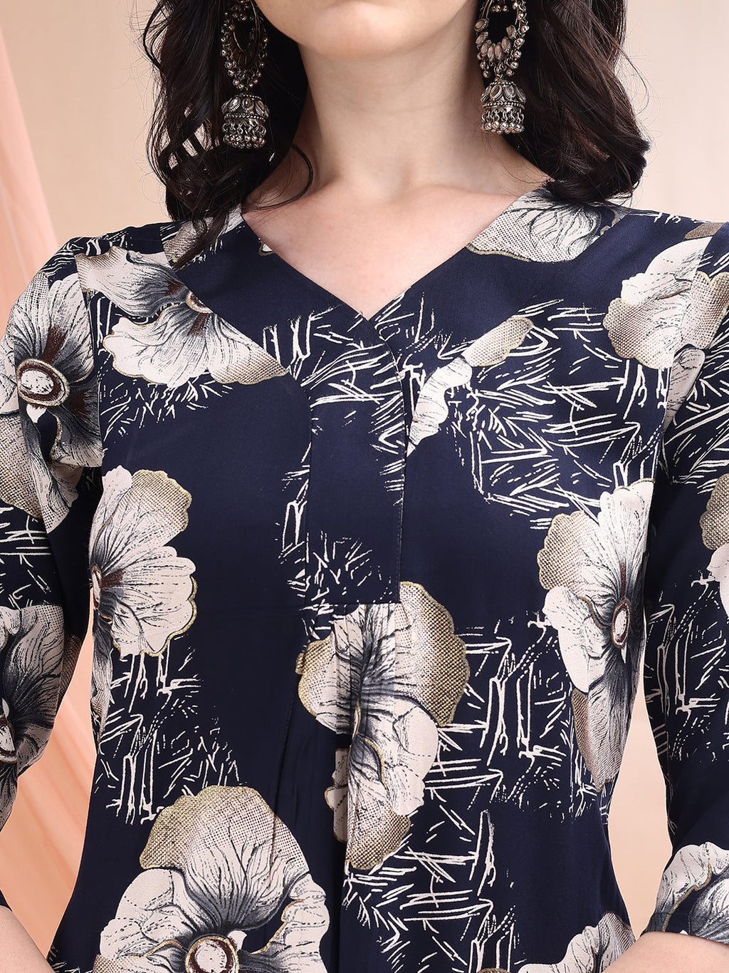 Navy Blue Floral Printed Rayon Kurta with Palazzo Set