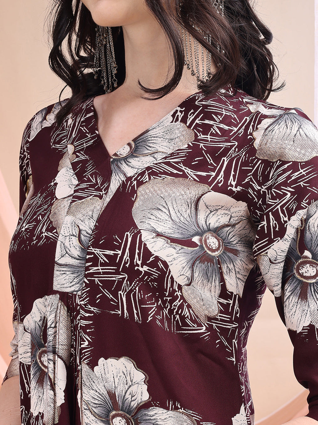 Wine Floral Printed Kurta with Palazzo Set in Rayon