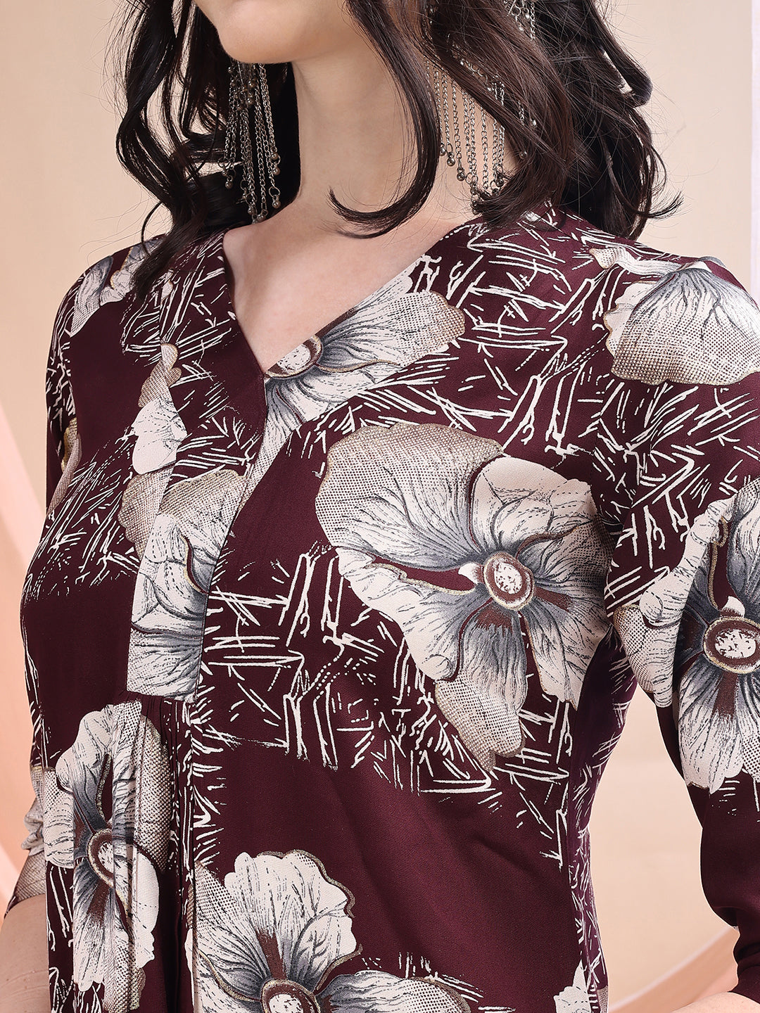 Wine Floral Printed Kurta with Palazzo Set in Rayon