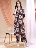 Wine floral printed kurta paired with matching palazzo pants in rayon fabric