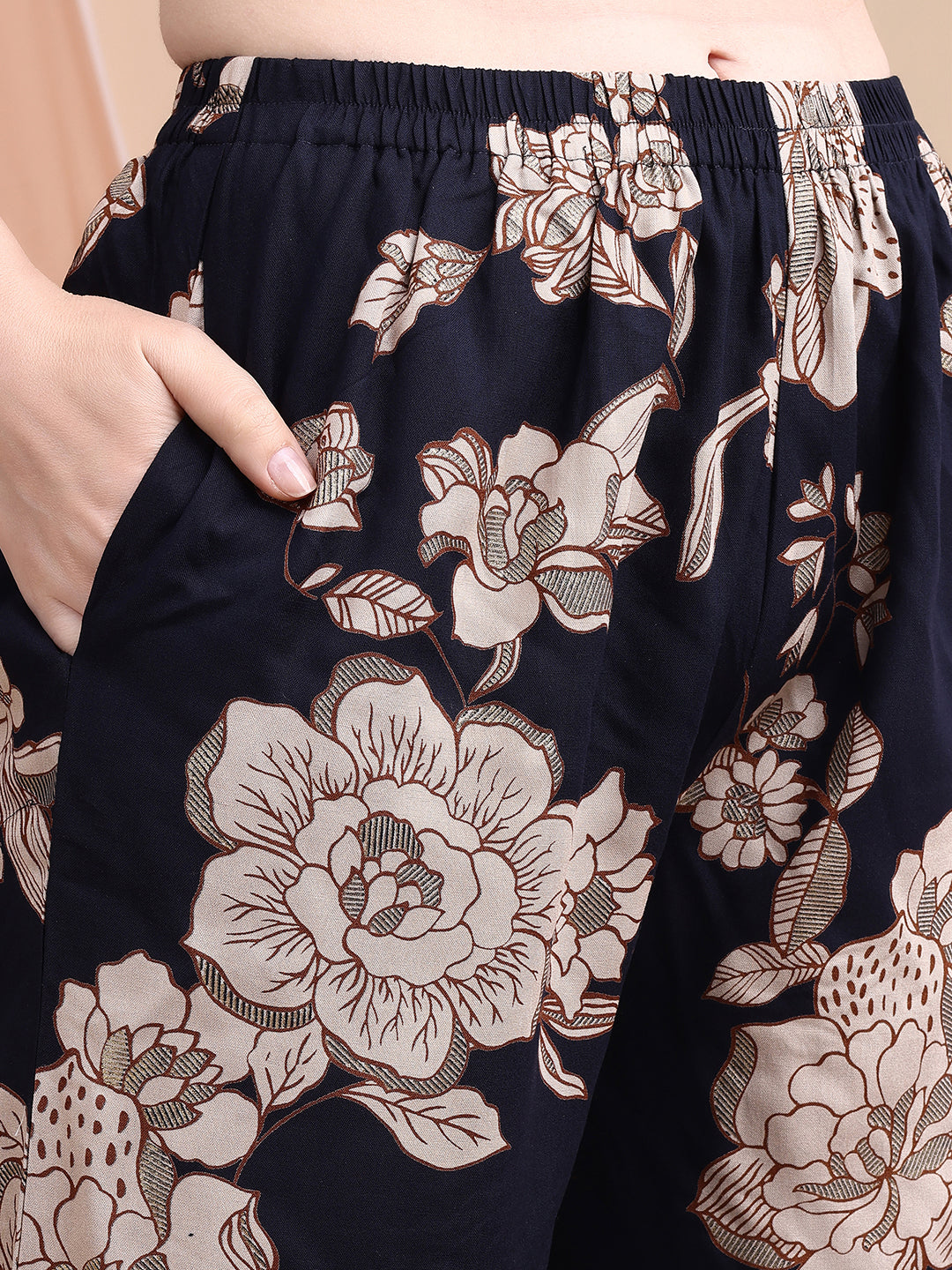 Navy Blue Floral Printed Rayon Kurta Set with Palazzo