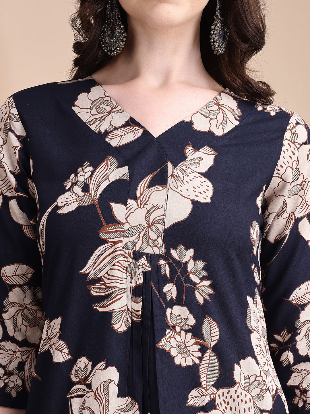 Navy Blue Floral Printed Rayon Kurta Set with Palazzo