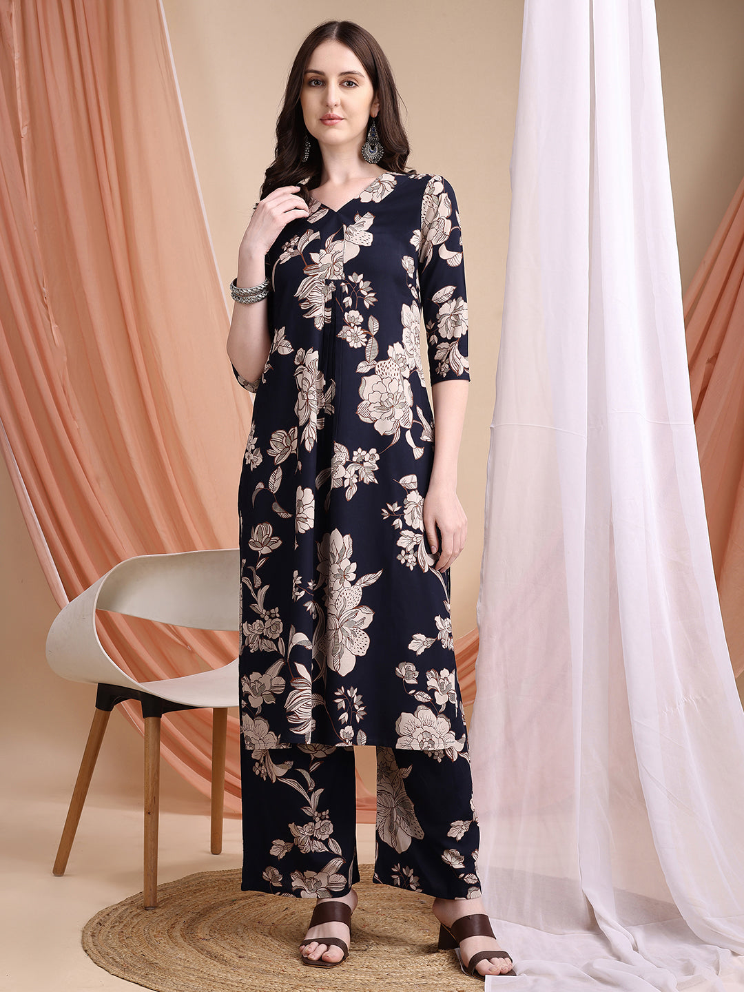 Navy Blue Floral Printed Rayon Kurta Set with Palazzo