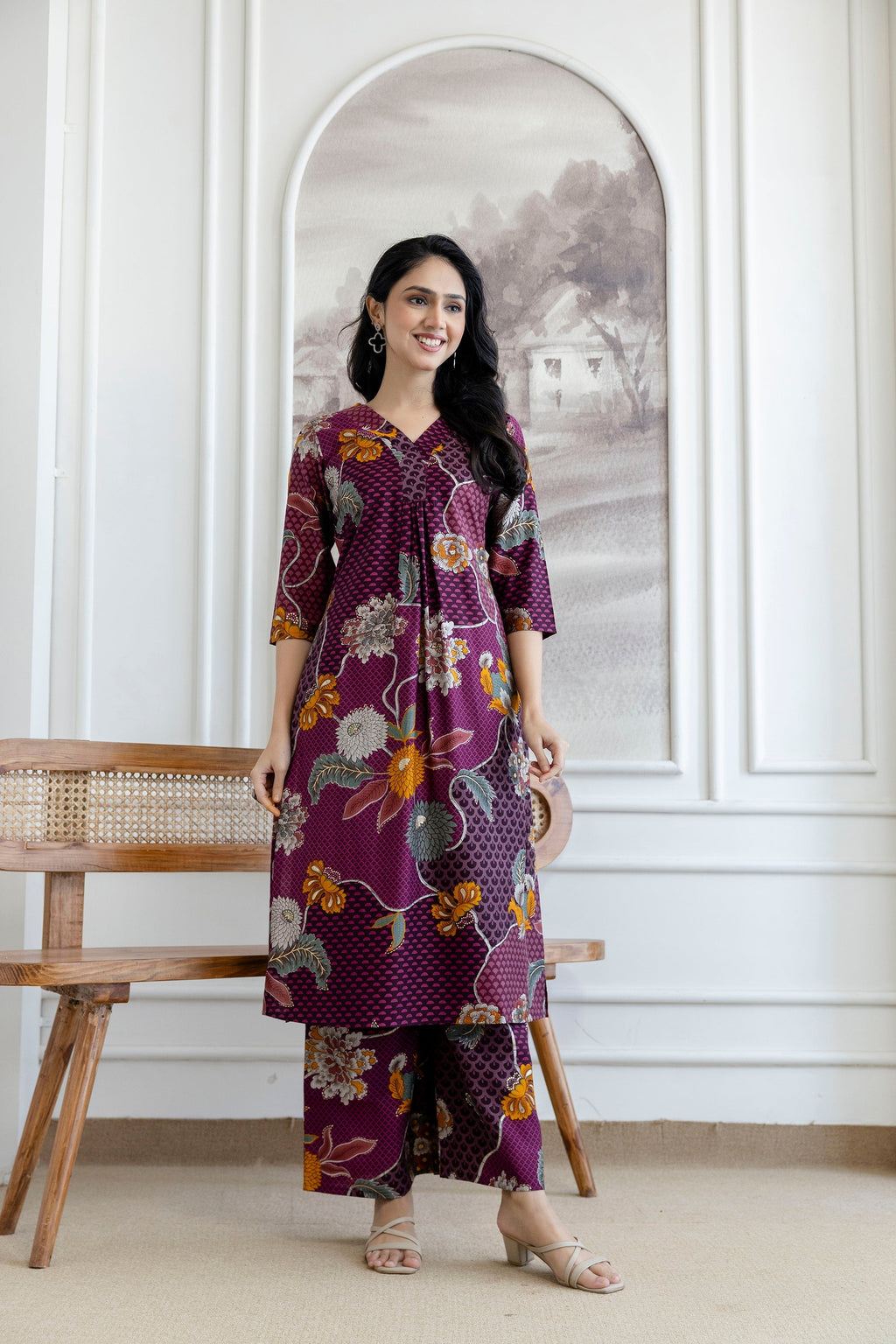 Purple Floral Motifs Printed Kurta with Palazzo Set
