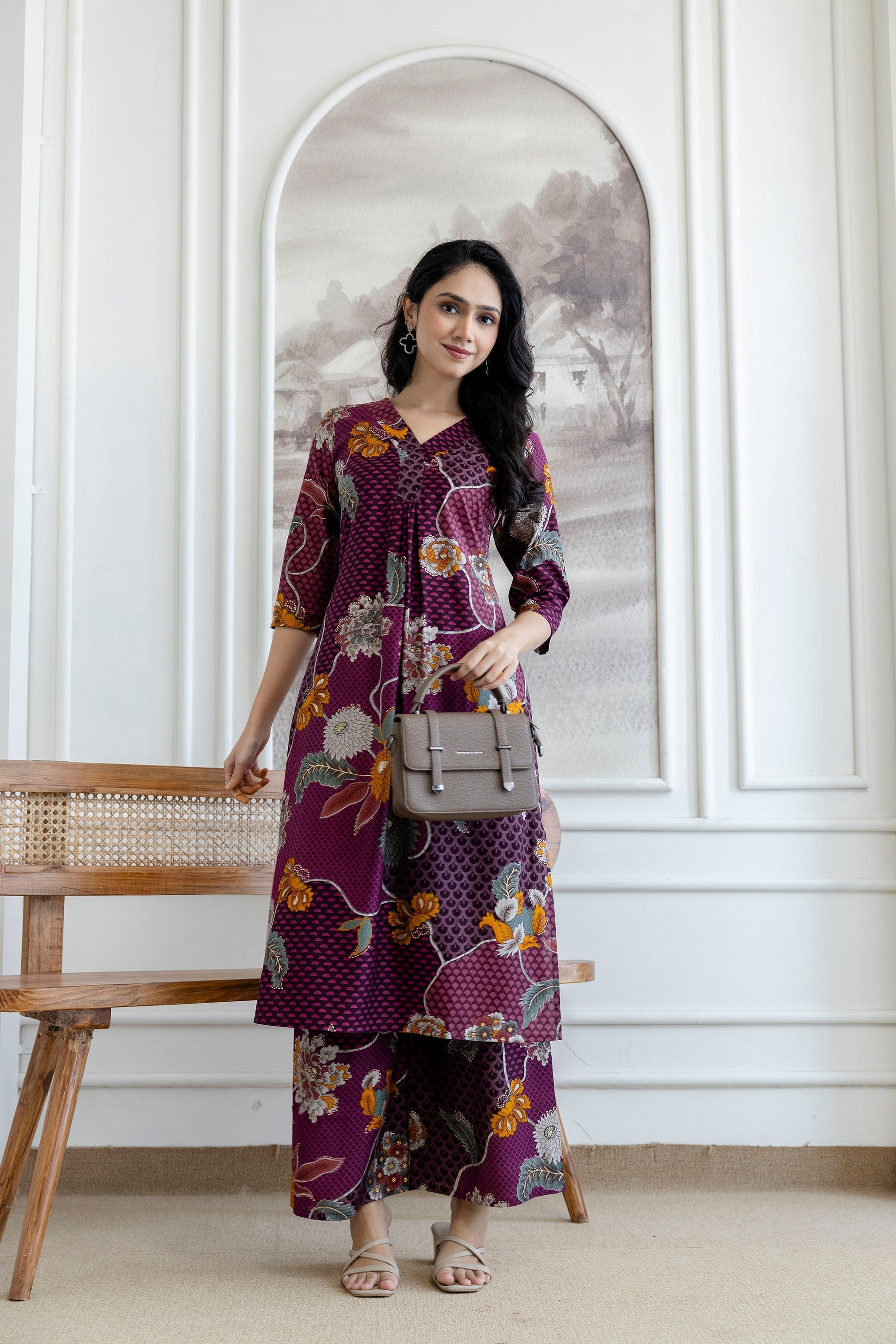 Purple Floral Motifs Printed Kurta with Palazzo Set