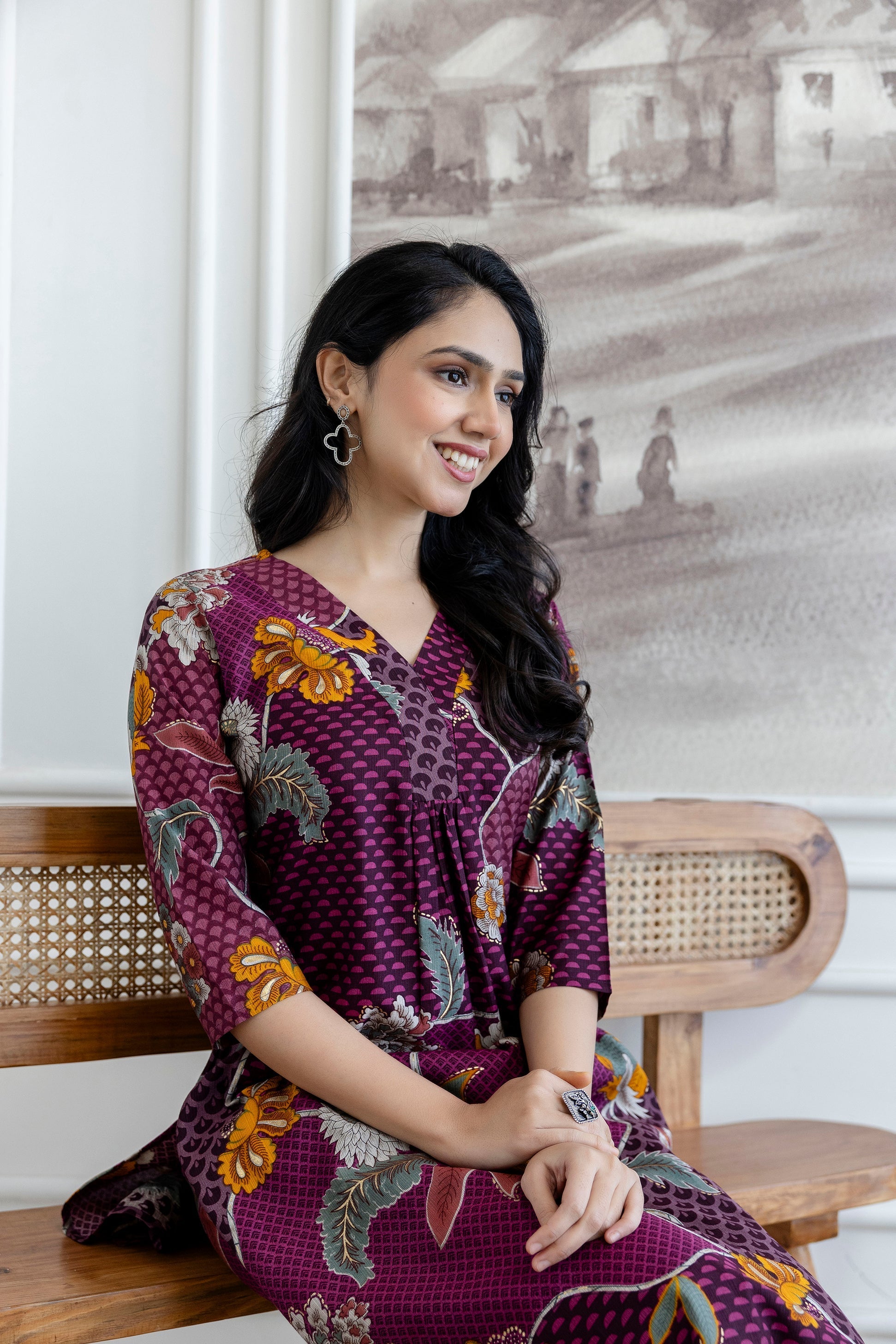 Purple Floral Motifs Printed Kurta with Palazzo Set