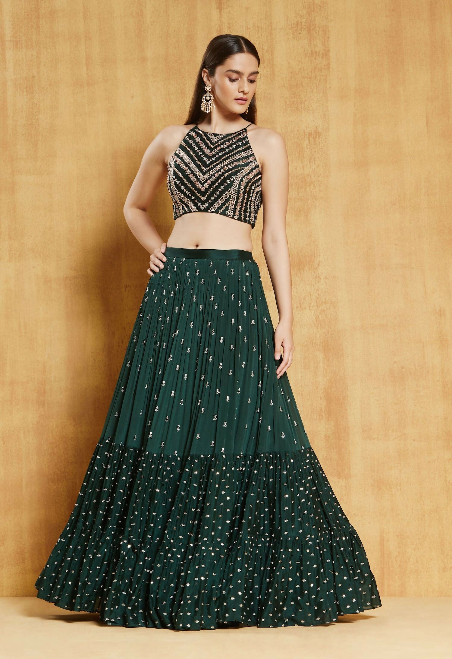Bottle Green Georgette Lehenga Choli with 3MM Sequin Embroidery