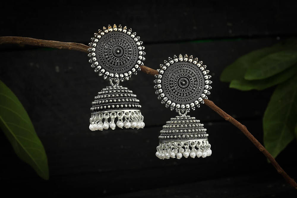 Silver Jhumka Earrings with White Pearl Accents for Women