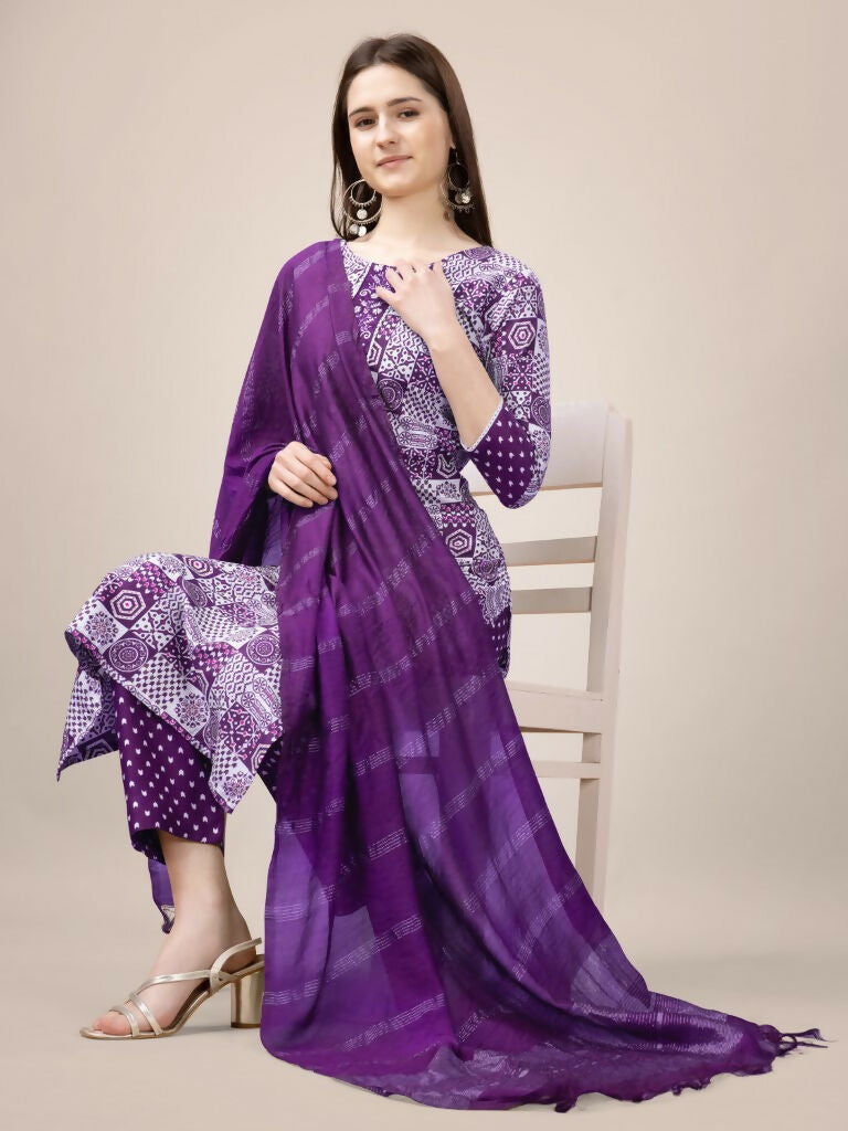 Women's Purple Printed Rayon Kurta Set with Lace Details