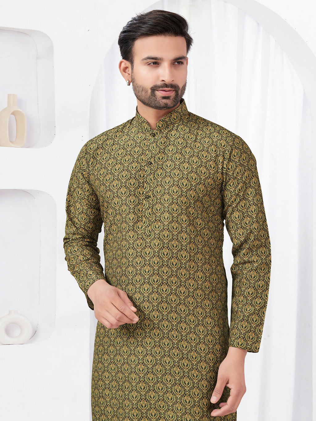 Boys Olive Printed Kurta Pyjama Set for Festive Comfort