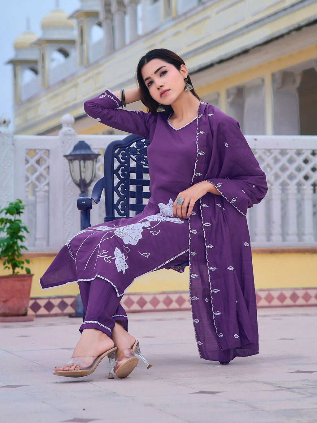 Purple Embroidered Chanderi Kurta Set with Dupatta