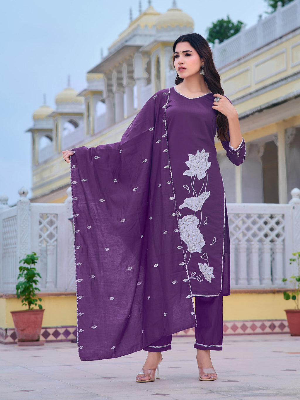 Purple Embroidered Chanderi Kurta Set with Dupatta
