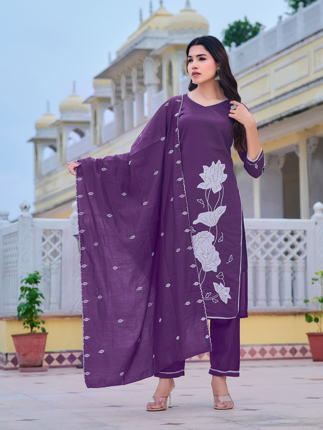 Purple Embroidered Chanderi Kurta Set with Dupatta