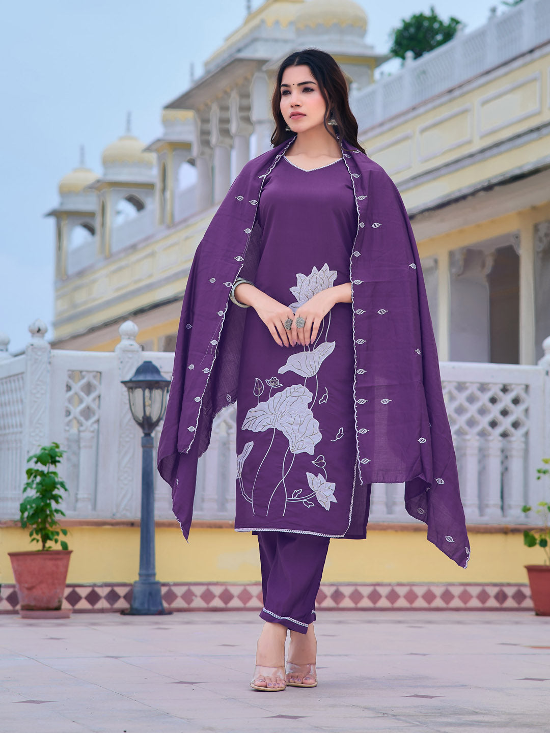 Purple embroidered Chanderi kurta set with matching pants and dupatta