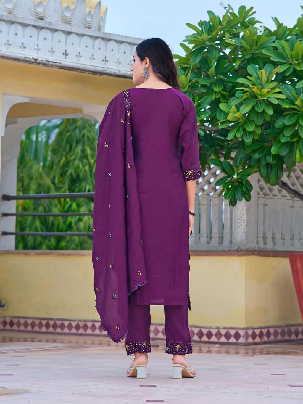 Purple Embroidered Chanderi Kurta Set with Dupatta