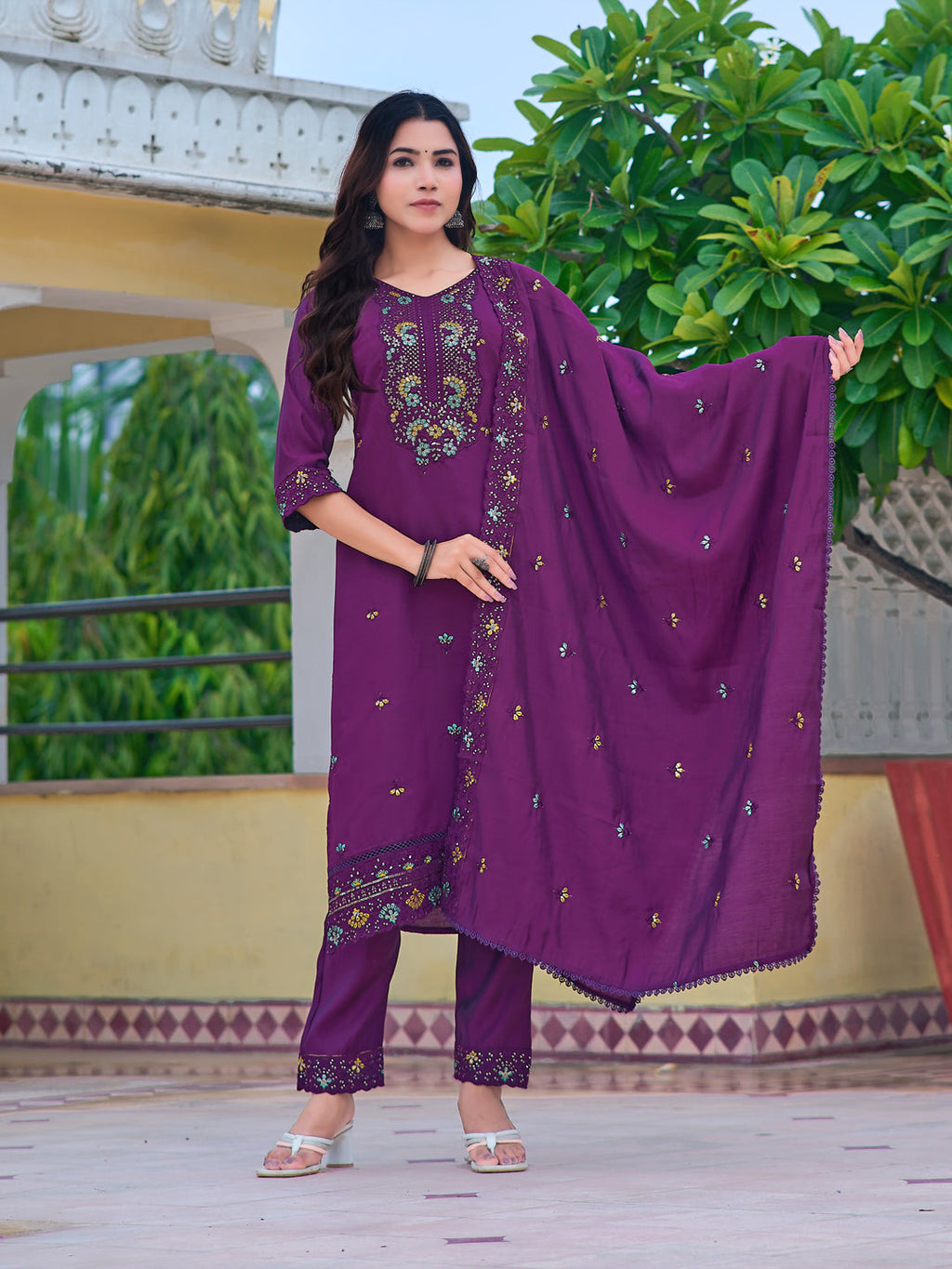 Purple embroidered Chanderi kurta set with dupatta for festive wear