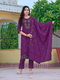 Purple embroidered Chanderi kurta set with dupatta for festive wear