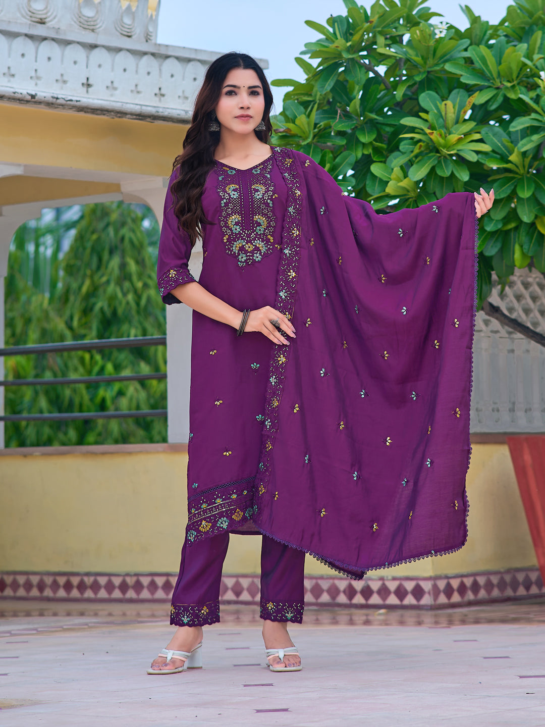 Purple embroidered Chanderi kurta set with dupatta for festive wear
