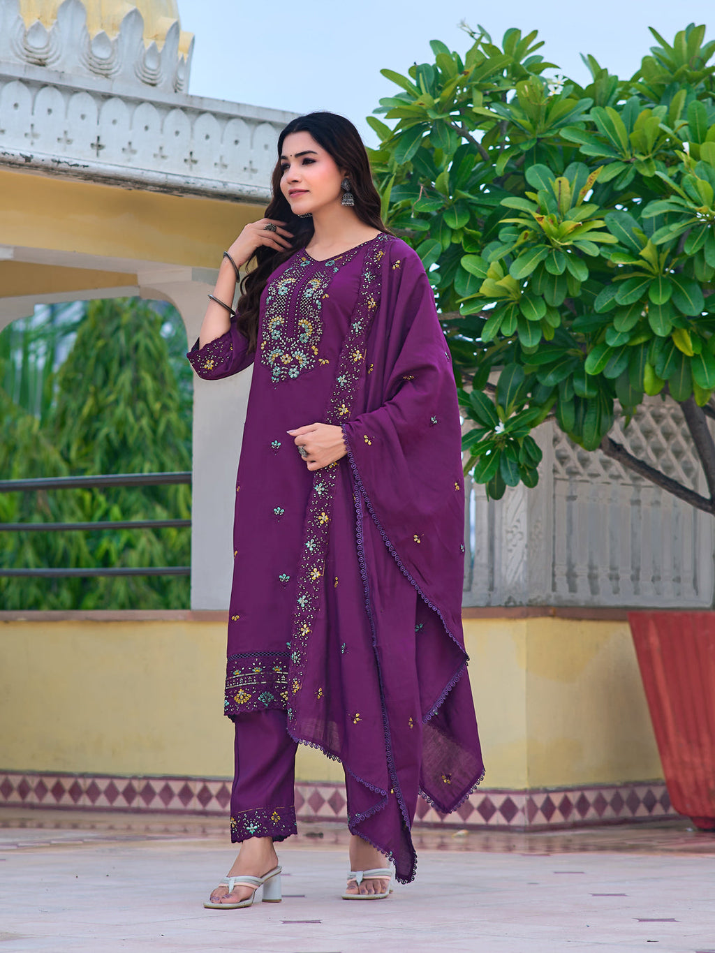 Purple Embroidered Chanderi Kurta Set with Dupatta
