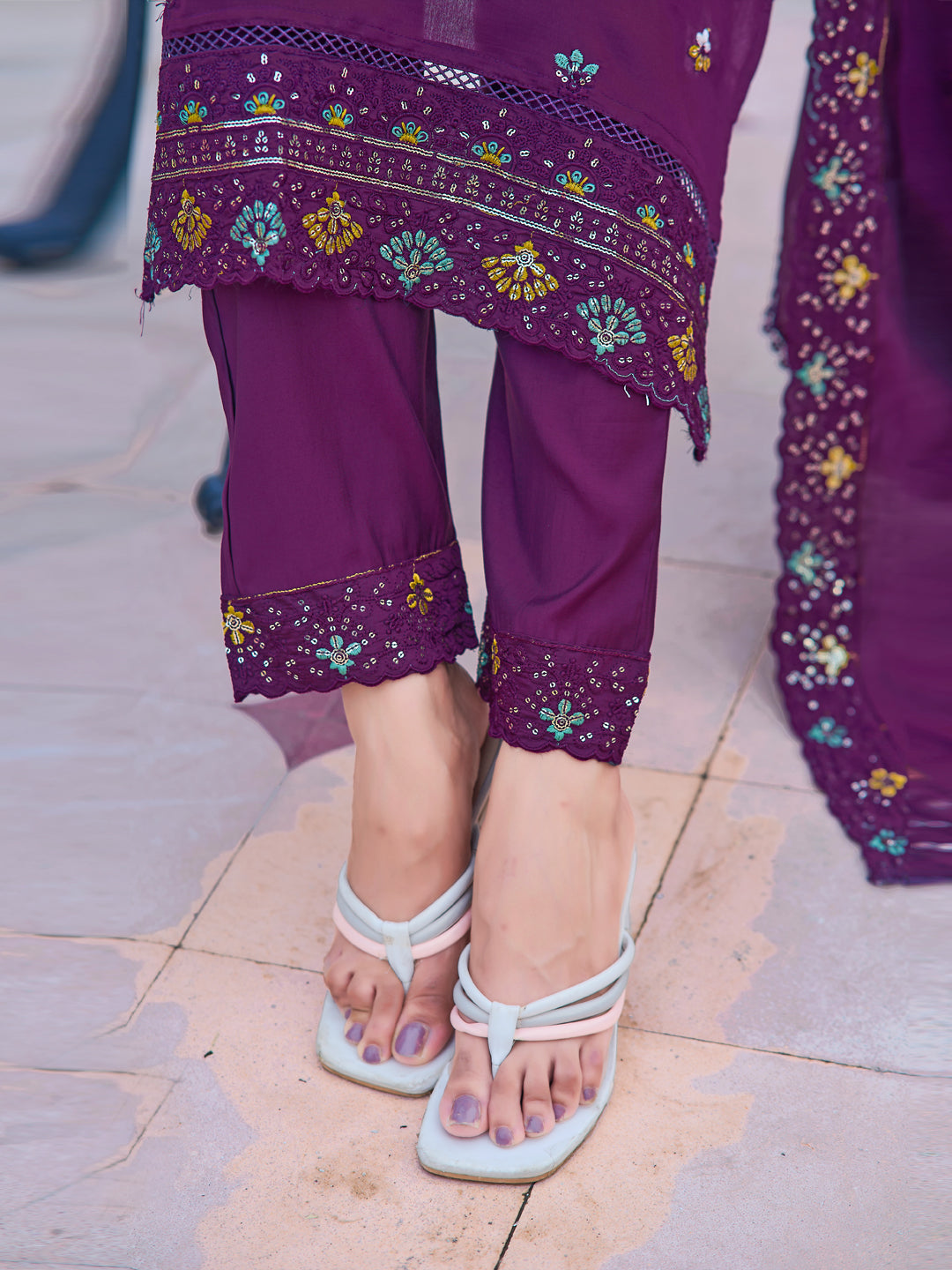Purple Embroidered Chanderi Kurta Set with Dupatta