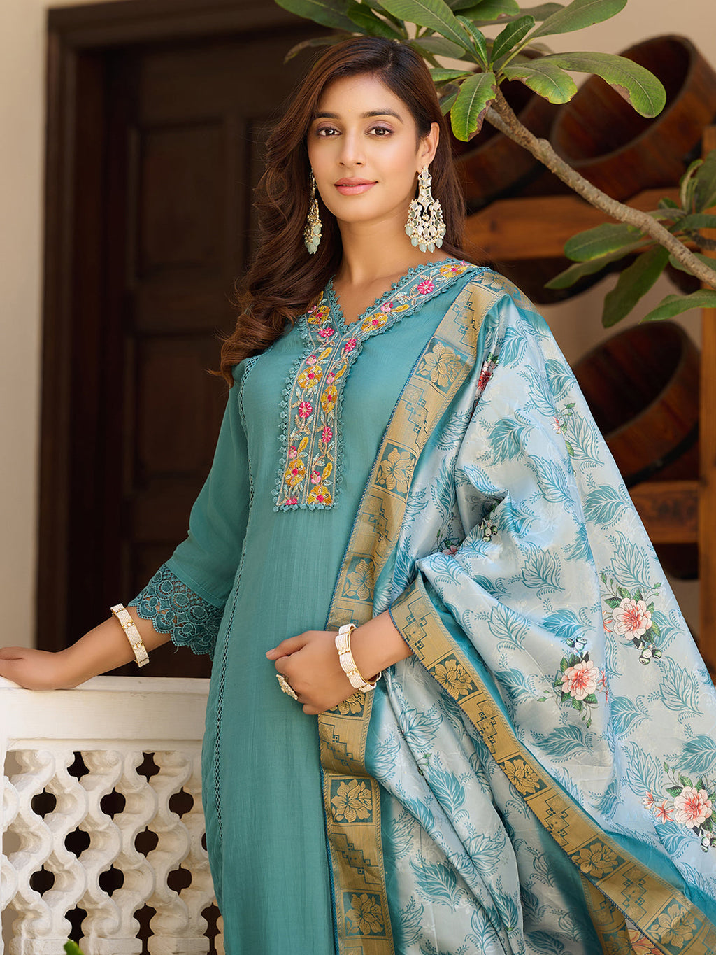 Blue Embroidered Chanderi Kurta Set with Matching Dupatta