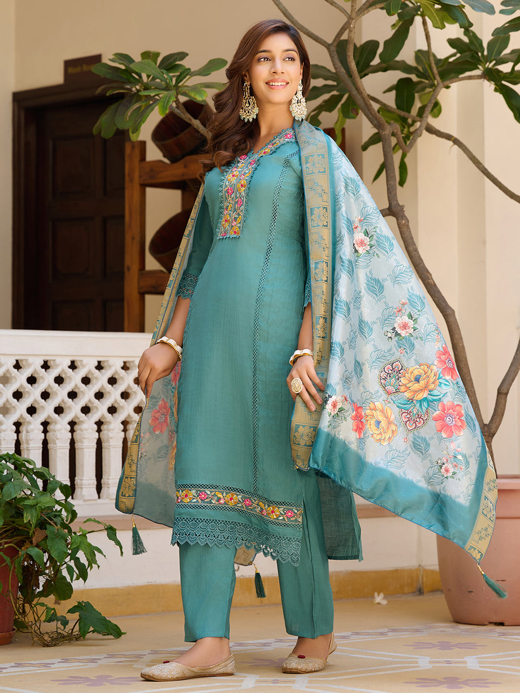 Blue Embroidered Chanderi Kurta Set with Matching Dupatta