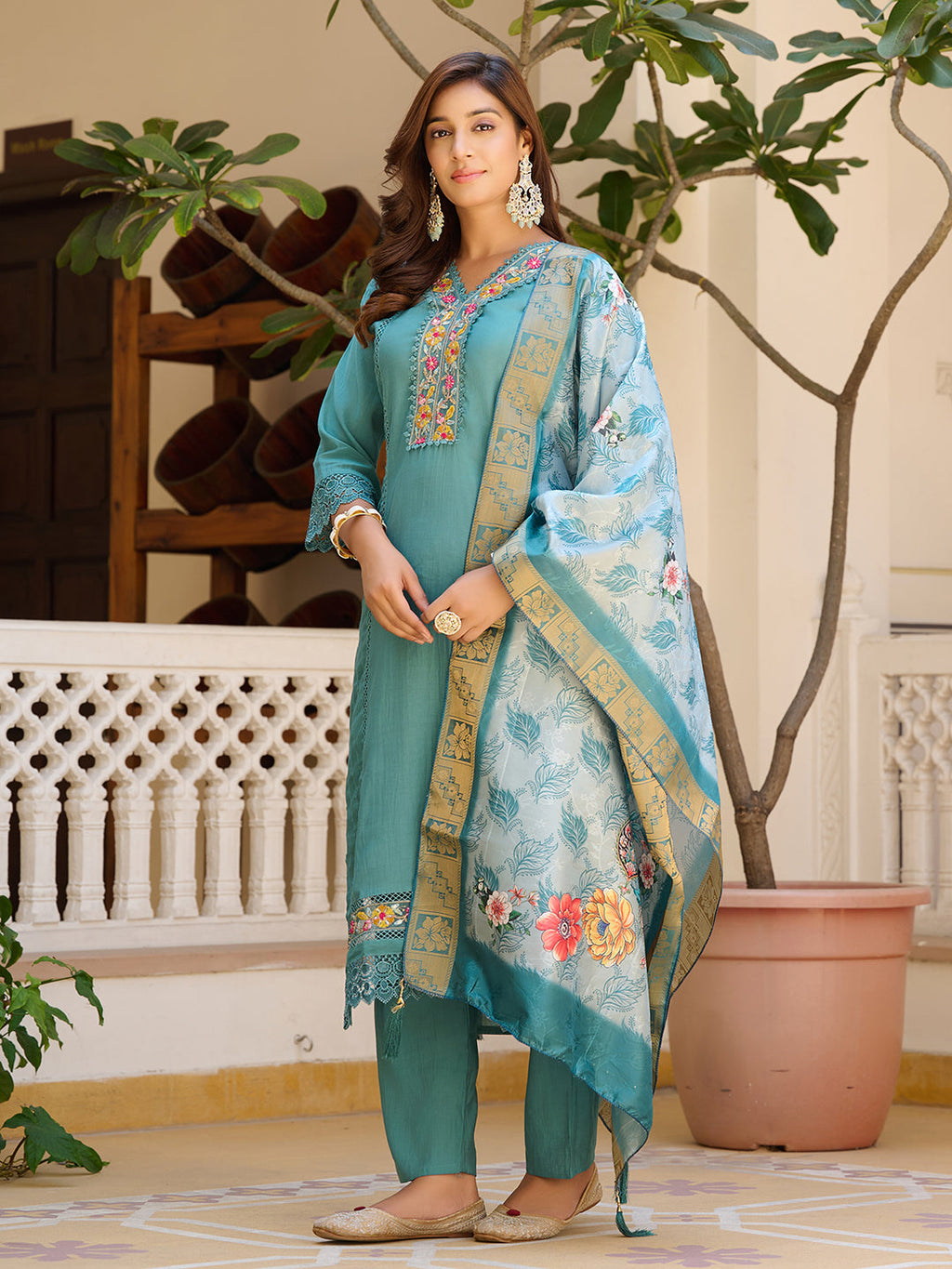Blue Embroidered Chanderi Kurta Set with Matching Dupatta