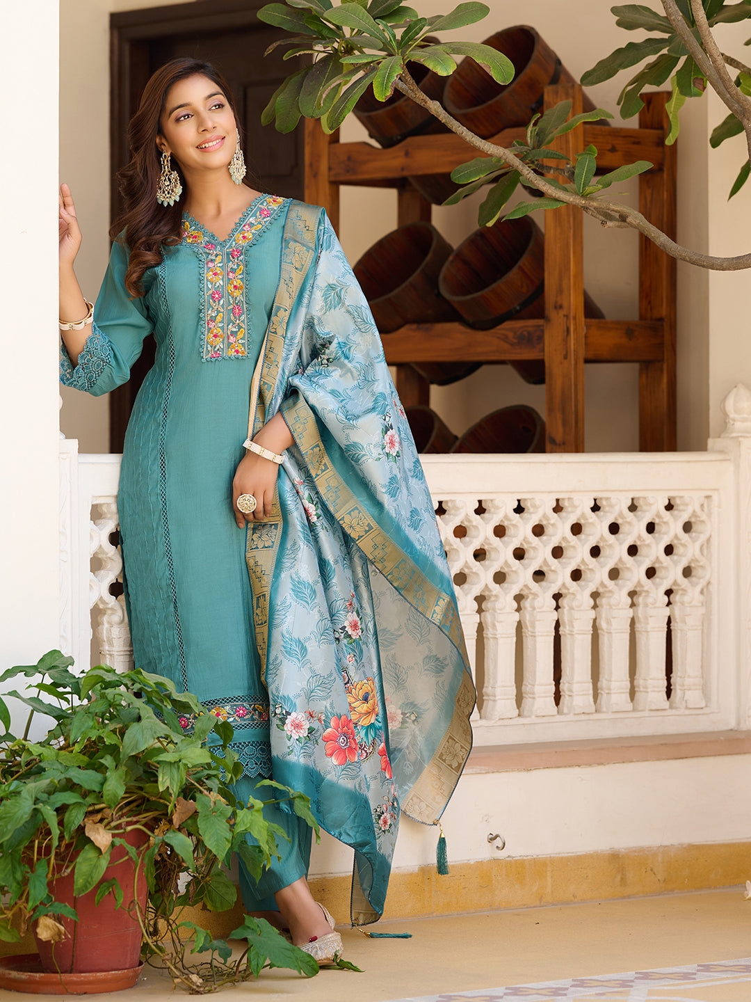 Blue Embroidered Chanderi Kurta Set with Matching Dupatta