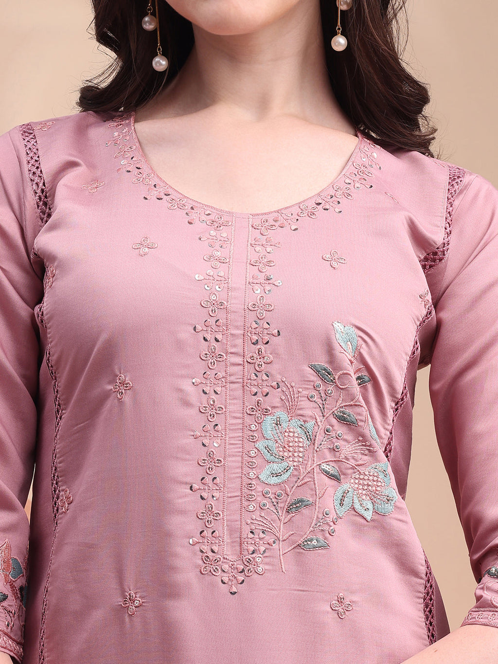 Pink Embroidered Chanderi Kurta Set with Organza Dupatta