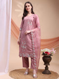 Pink Chanderi kurta with embroidery, matching pants, and decorative organza dupatta