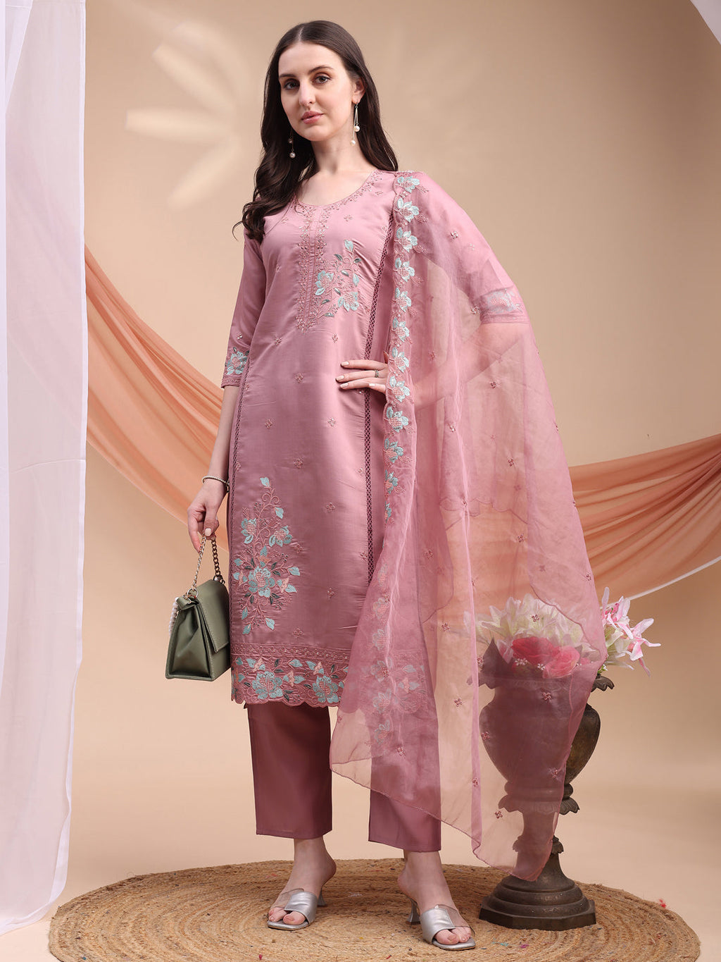 Pink Embroidered Chanderi Kurta Set with Organza Dupatta