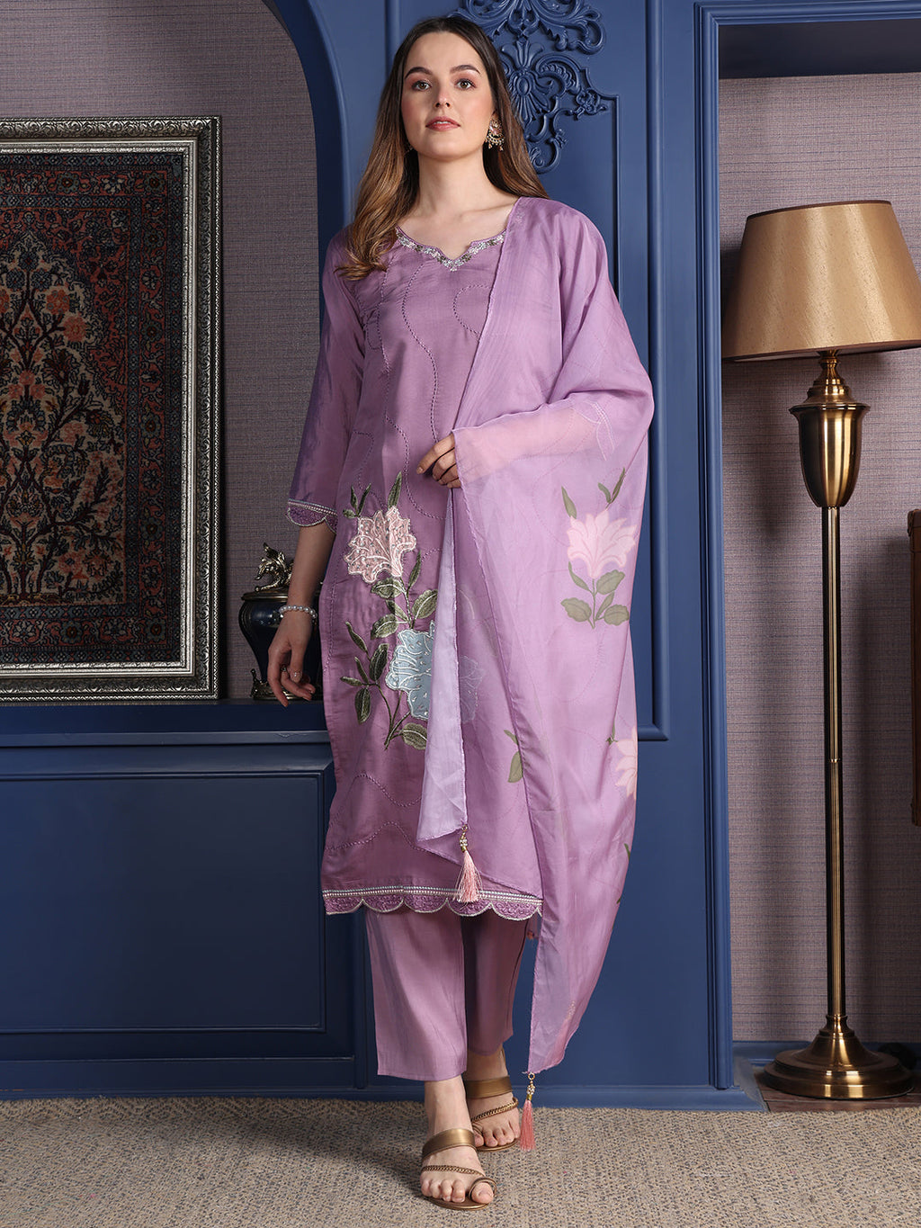 Lavender placement embroidered cotton kurta with matching pants and organza dupatta